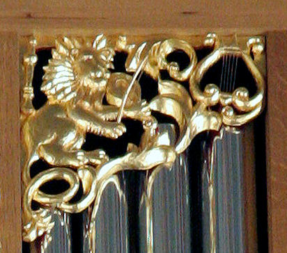 Wood carved lion, pipe organ screens, Marion Camp Oliver Organ at St. Mark's Cathedral in Seattle, WA